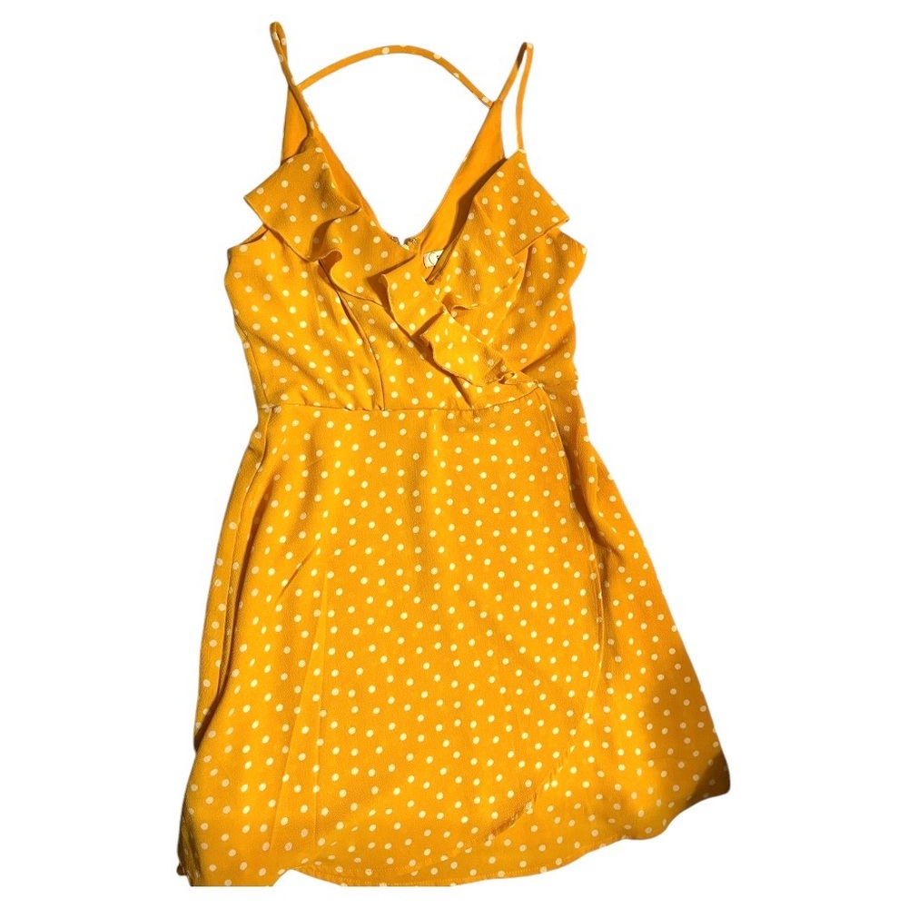 Speechless babydoll faux wrap sun dress ruffled V neck gold w/ white polka dots